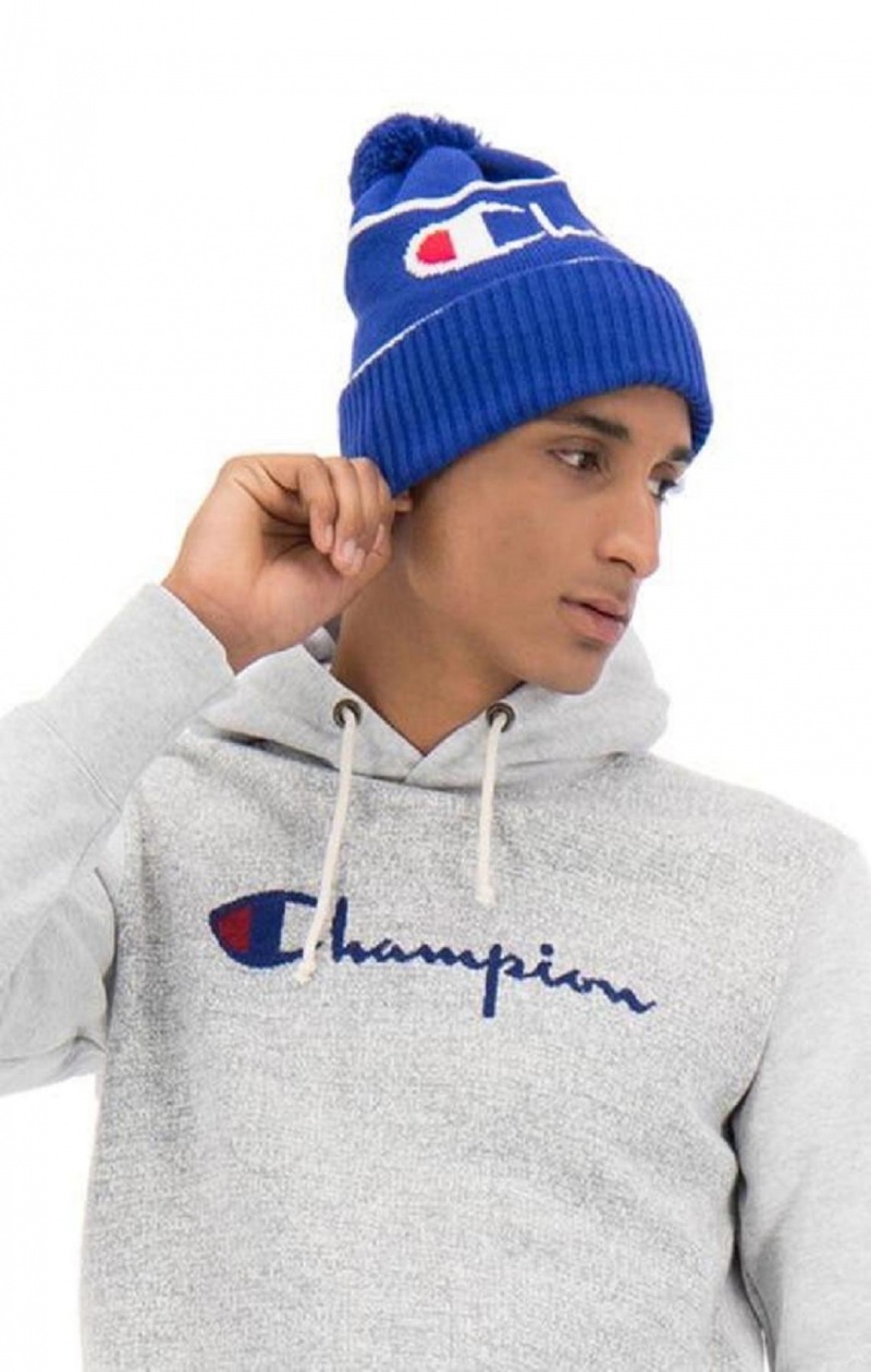 Champion Script Logo Stripe Bobble Beanie Hat Miesten Hatut Sininen | 0185-TLPKD