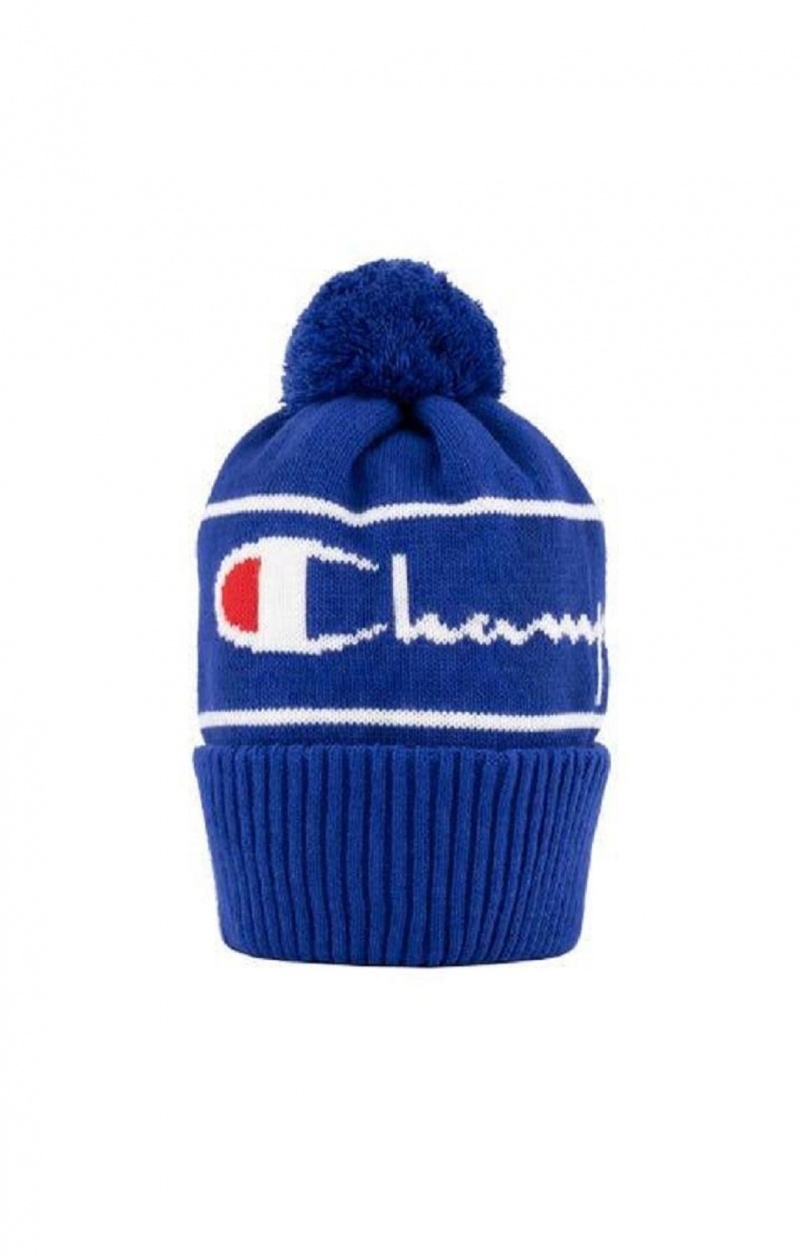 Champion Script Logo Stripe Bobble Beanie Hat Miesten Hatut Sininen | 0185-TLPKD